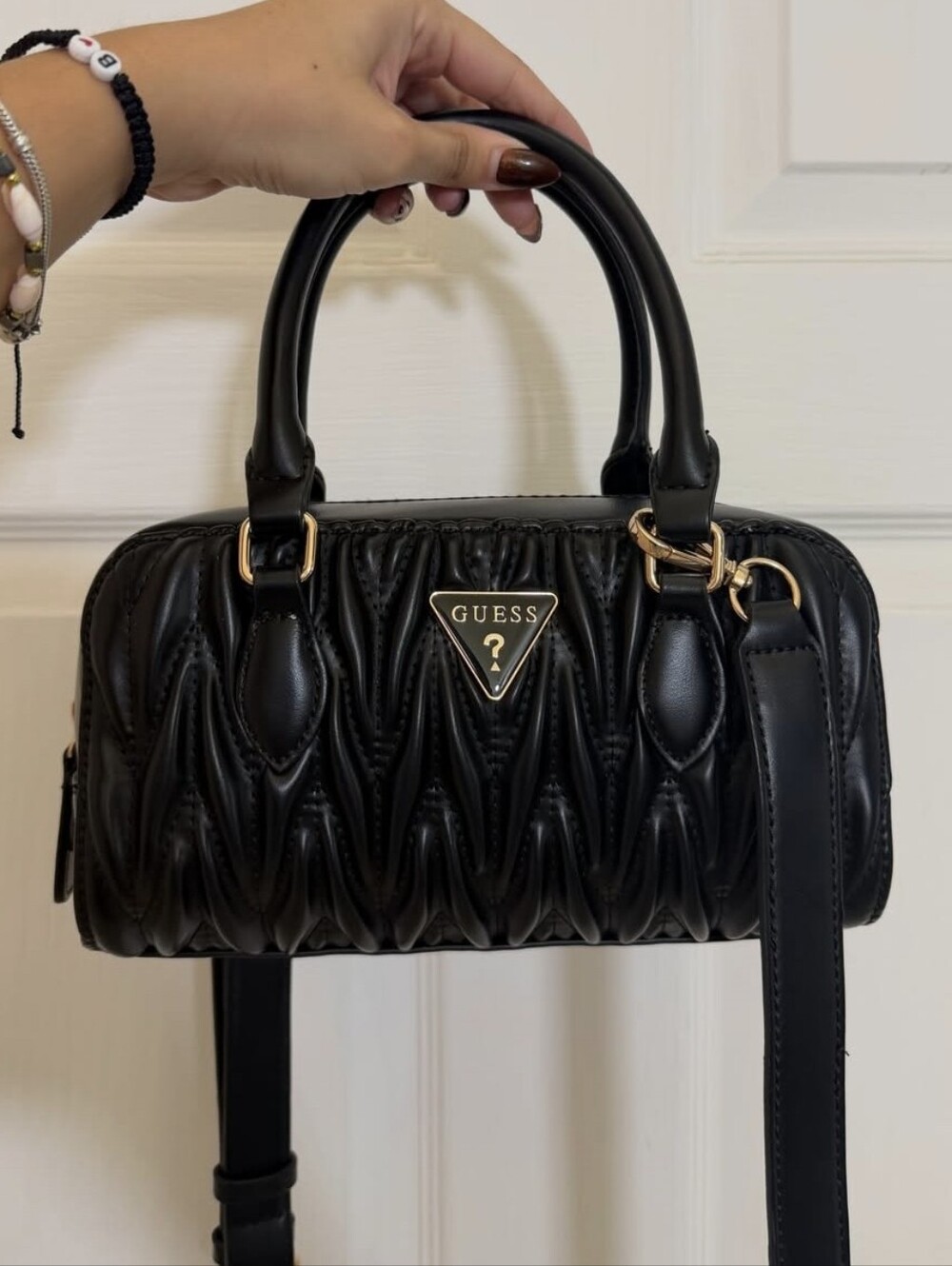 GUESS Black Quilted Dome Crossbody with Gold Hardware